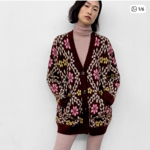 ZARA Oversized Chunky Floral Knit Cardigan Sweater Brown Pink Yellow Size M - Picture 1 of 16
